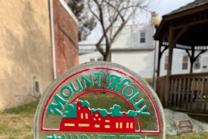 Ice sculpture featuring the Mount Holly Main Street logo during the Fire & Ice winter festival in downtown Mount Holly, Burlington County, NJ