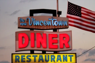 Neon sign outside the Vincentown Diner, a well-known Burlington County landmark.