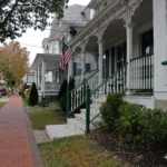 Historic homes and brick sidewalk along Main Street in Medford Village, New Jersey