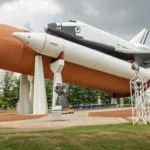 Space Shuttle orbiter mounted on external tank and boosters on display in Huntsville, Alabama.