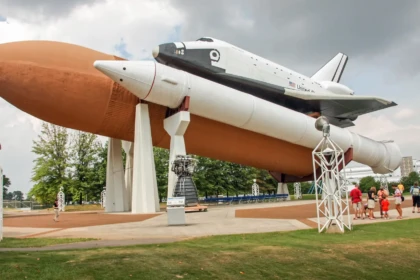 Space Shuttle orbiter mounted on external tank and boosters on display in Huntsville, Alabama.