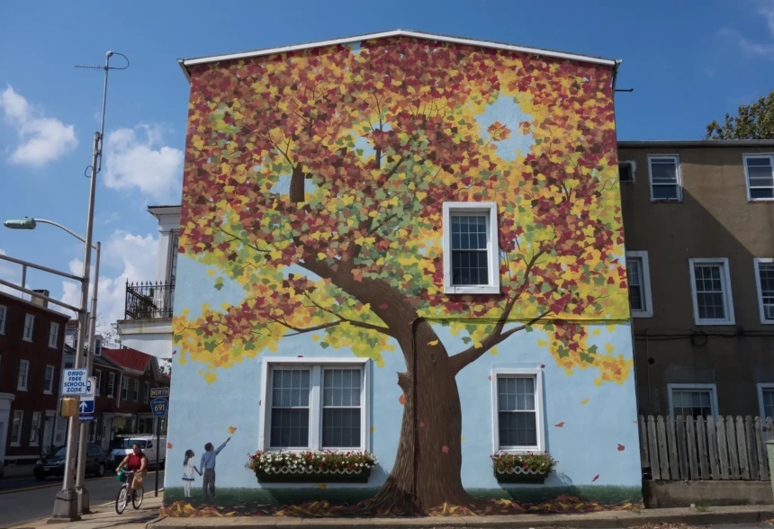 Colorful mural on building wall in downtown Mount Holly NJ featuring a tree design and public art streetscape