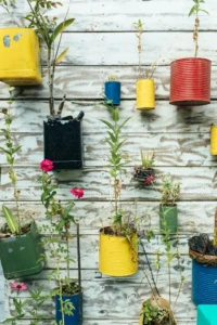 Earth Day at Home: 8 Smart Ways to Reuse Everyday Items 4 Recycled cans used as hanging planters on a wall