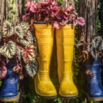 Yellow rain boots used as planters with flowers