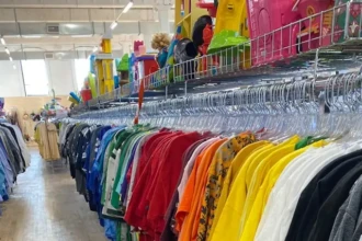 Clothing rack filled with colorful shirts inside a local thrift store in Burlington County New Jersey