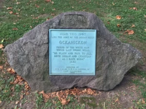 Four For Friday: Historic Cemeteries That Tell Burlington County’s Story 2 Stone memorial marker for Lenape leader Ockanickon at Burlington Friends Burial Ground in Burlington County, New Jersey.